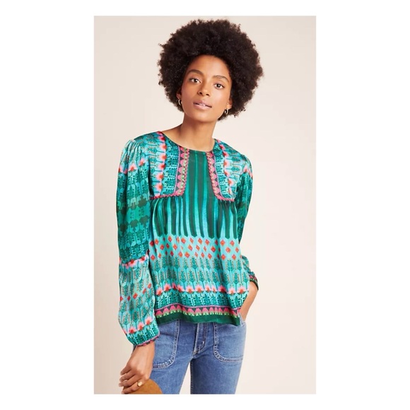 NWOT Anthropologie Siddhartha Bansal Lahiri Blouse in Green Motif Size Small - Picture 1 of 16